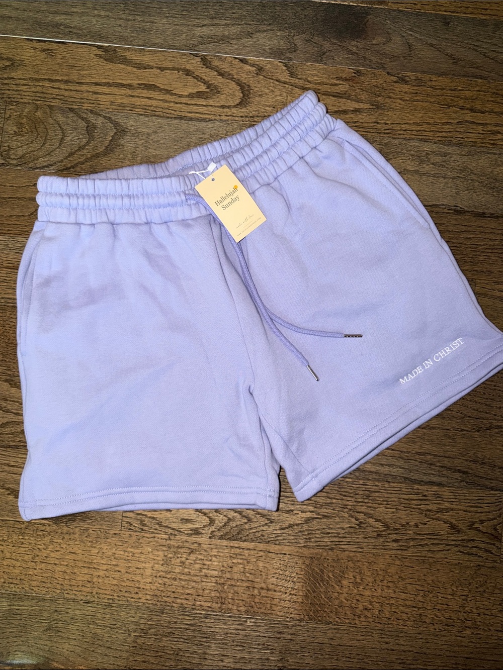 Hallelujah Sunday Made in Christ Sweat Shorts Lavender NWT Size L Christian